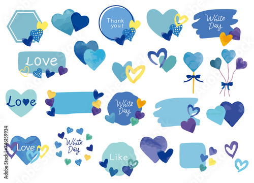 ホワイトデー 水彩で描いた青系のハートのタイトル素材セット