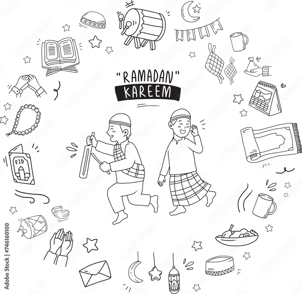 Set of vector doodle element related to Eid. Set of hand drawn symbols and icons for ramadan and holy islamic fest
