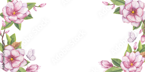 Fototapeta Naklejka Na Ścianę i Meble -  Pink magnolia banner frame. Branch flower, buds, leaves, white butterfly. Blooming floral clipart. Hand drawn watercolor illustration isolated background. Botanical element for wedding invitation