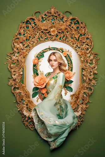 Portrait of a woman in a light green dress with flowers in a baroque frame 