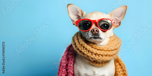 Funny chihuahua dog wearing warm scarf and sunglasses on blue background. © hamzarao
