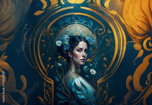 Portrait of a woman in a turquoise dress with flowers, A Fantastic Woman in Art Nouveau style on black background, gold ornament, Generative AI