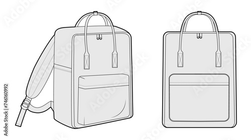 Adventure backpack silhouette bag with handle. Fashion accessory technical illustration. Vector schoolbag front 3-4 view for Men, women, unisex style, flat handbag CAD mockup sketch outline isolated