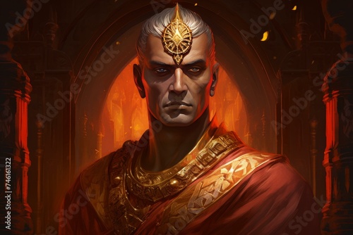 Regal Rama hero portrait. Handsome man with long colorful earrings and gold crown. Generate AI
