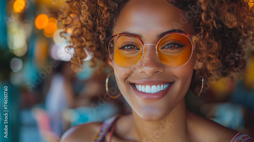 Smiling Beautiful African Woman Wearing Sunglasses: A Happy and Attractive Image of a Woman in a Sunny Day
