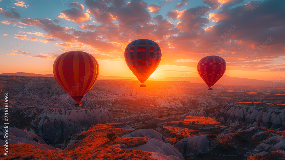Hot Air Balloons over the Mountain in a Red Sky Evening: A Romantic and Dreamy Image of a Scenic View Hot Air Balloons over the Mountain in a Red Sky Evening: A Romantic and Dreamy Image of a Scenic View