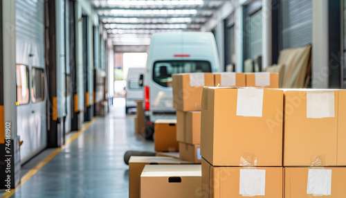 Transport van, vehicle in logistics distribution center store cardboard boxes 