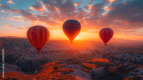 Hot Air Balloons over the Mountain in a Red Sky Evening: A Romantic and Dreamy Image of a Scenic View
