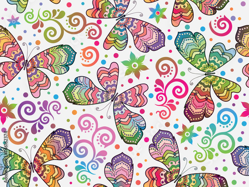 Vector seamless floral pattern with colorful gradient butterflies and fowers in doodle style and dots on a white background