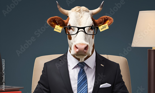 Cow business portrait dressed as a manager or ceo in a formal office business suit with glasses and tie © Zain