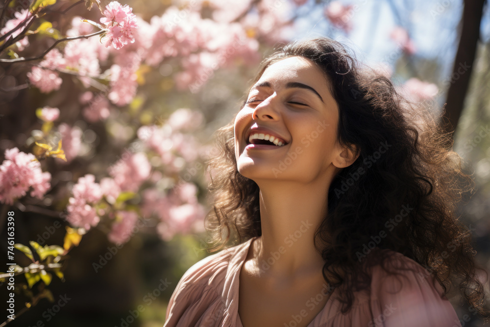 A latin woman breathes calmly looking up enjoying spring air A latin woman breathes calmly looking up enjoying spring air