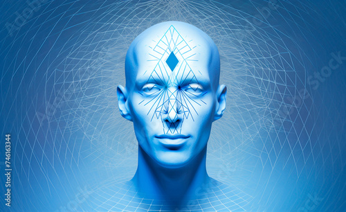 Abstract composition  Androgynous robot head with blue rhombus and intersecting lines on forehead on blue background symbolizing network expansion  AI  future concept. Perfect for background  website.
