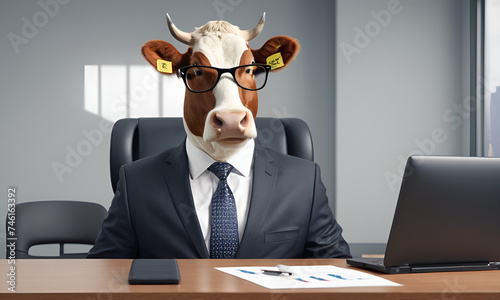 Cow business portrait dressed as a manager or ceo in a formal office business suit with glasses and tie