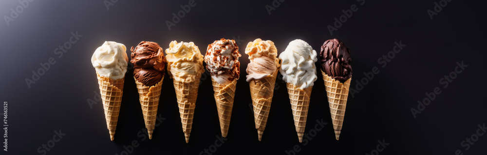 Row of delicious chocolate, cream, coffee, caramel, vanilla, hazelnut and truffle flavors ice cream scoops in crunchy waffle cones on dark or black background. Summertime cold sweet dessert banner. Row of delicious chocolate, cream, coffee, caramel, vanilla, hazelnut and truffle flavors ice cream scoops in crunchy waffle cones on dark or black background. Summertime cold sweet dessert banner.