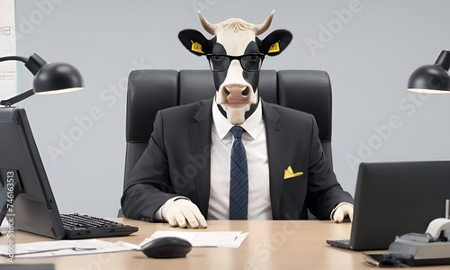 Cow business portrait dressed as a manager or ceo in a formal office business suit with glasses and tie