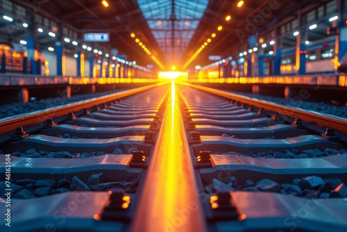 Low-angle view of railway tracks inside a train station bathed in the warm glow of sunset