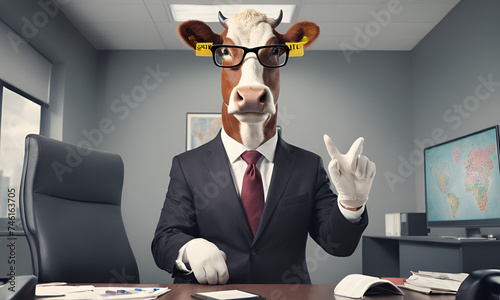 Cow business portrait dressed as a manager or ceo in a formal office business suit with glasses and tie