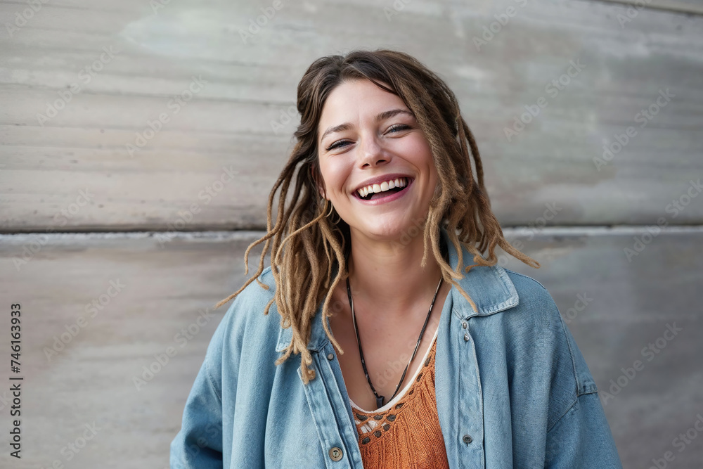 A woman with dreadlocks smiling, standing in front of a wall A woman with dreadlocks smiling, standing in front of a wall