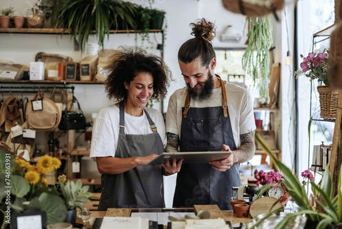 small business couple attentively looking at tablet screen in store