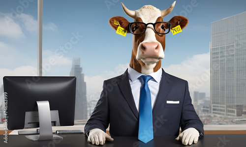 Cow business portrait dressed as a manager or ceo in a formal office business suit with glasses and tie