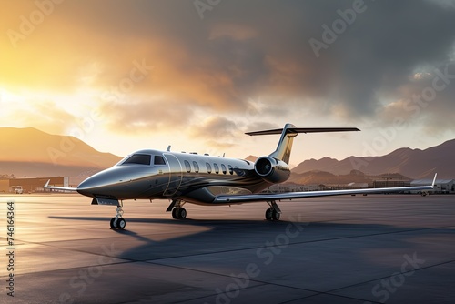 A private jet from an aerospace manufacturer parked on a runway at sunset