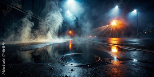 Wet Asphalt Reflection of Neon Lights at Night - A Searchlight Effect for Creative Design