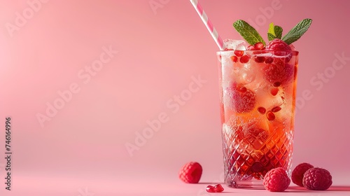 Spring or summer refreshing cold cocktail or mocktail with berries and lemon, raspberry lemonade