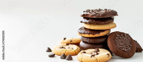 A stack of cookies with chocolate chips on top  isolated on a white background. The cookies are golden brown and freshly baked  with visible chocolate chips sprinkled generously on top.