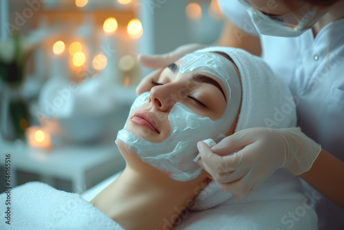 Beautician doing facial skin care for Brunette girl in beauty salon