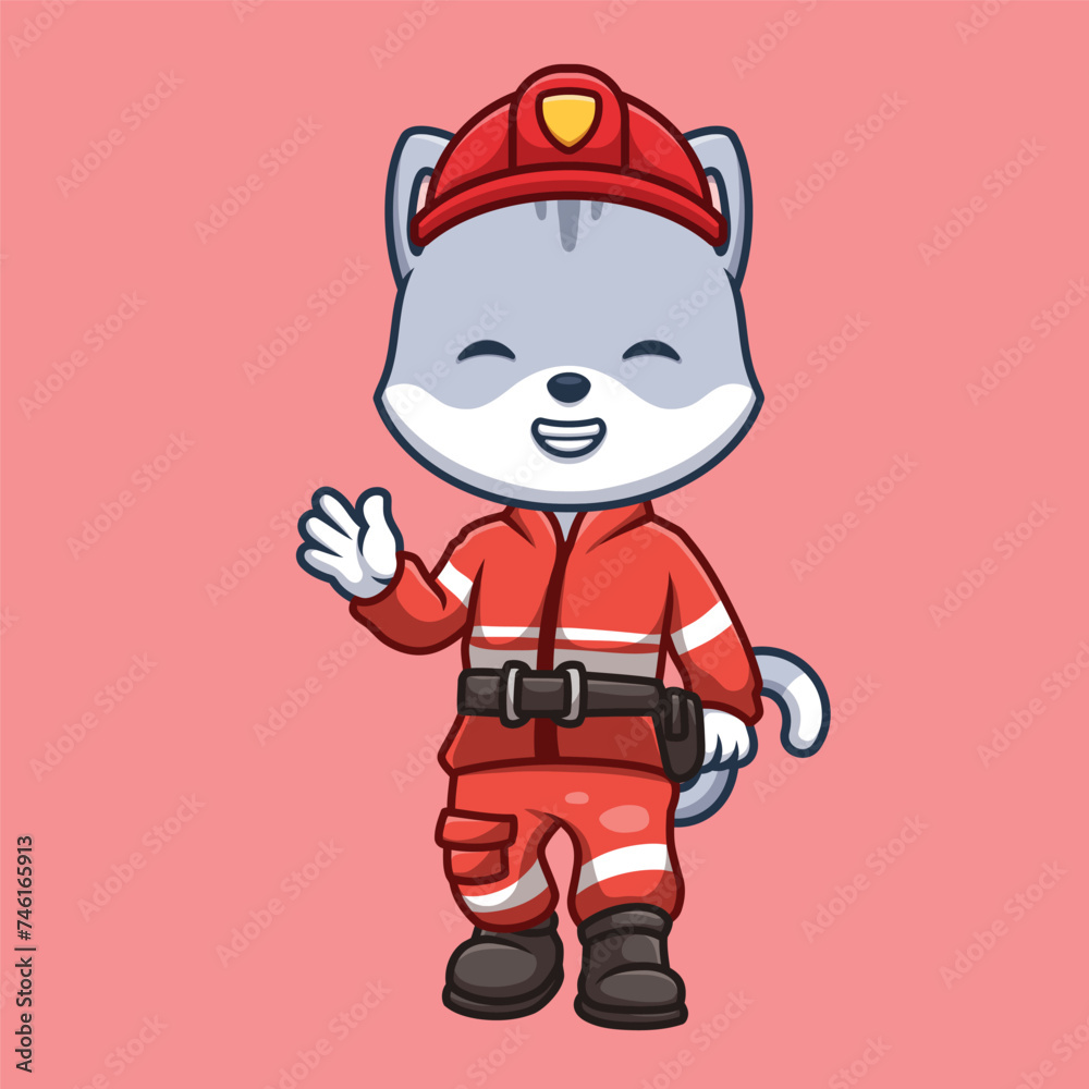 Firefighter Grey Cat Cute Cartoon