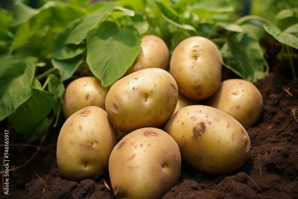 Nutritious Ripe potatoes fresh. Farm plant field. Generate Ai Nutritious Ripe potatoes fresh. Farm plant field. Generate Ai