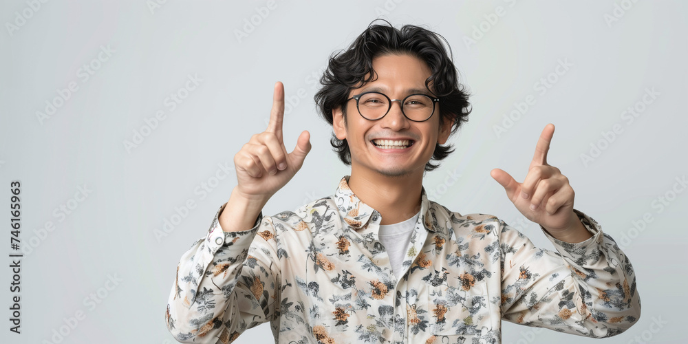 handsome malay malaysian men around 30 years old with a smart casual, medium long black hair korean men style, and glasses pointing raised fingers show up advertisement, smiling white background handsome malay malaysian men around 30 years old with a smart casual, medium long black hair korean men style, and glasses pointing raised fingers show up advertisement, smiling white background