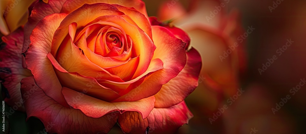 A detailed view of a vibrant red and yellow rose, showcasing its intricate petals and rich colors in close proximity.