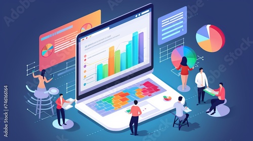 Illustration of Business environment in isometric view. Online trading digital technology. Financial application. Laptop with graphics.