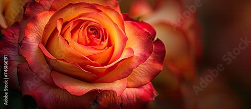 A detailed view of a vibrant red and yellow rose  showcasing its intricate petals and rich colors in close proximity.
