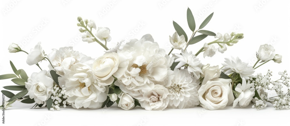 A cluster of white flowers, arranged in a beautiful bouquet, stands out against a plain white background. The blossoms exude purity and elegance, creating a striking visual contrast. A cluster of white flowers, arranged in a beautiful bouquet, stands out against a plain white background. The blossoms exude purity and elegance, creating a striking visual contrast.