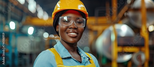 A Black African woman engineer worker is seen wearing safety glasses and a hard hat while working in an industrial factory. She is focused and diligent in her tasks, emphasizing safety protocols.