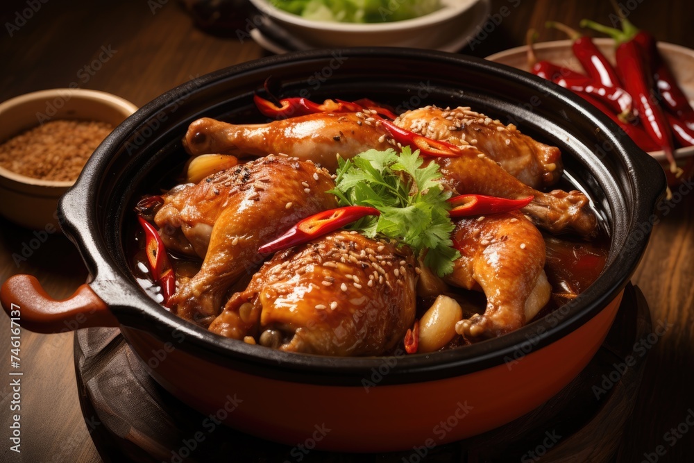Chicken in sweet and sour sauce with peppers and sesame