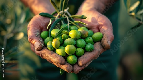 Farmer hands holding a handful of fresh harvested olives. Selective focus on the olives