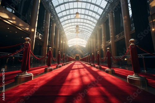 Luxurious Red carpet. Cinema rope vip. Generate Ai photo