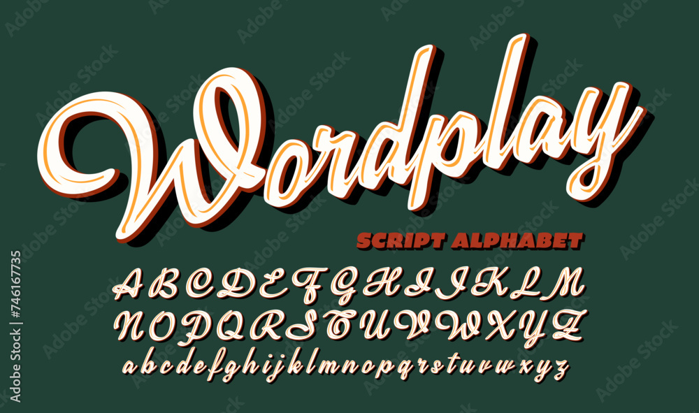 Wordplay is a script alphabet with 3d and shadow effects. Retro 1950s placard style calligraphic font. - obrazy, fototapety, plakaty 