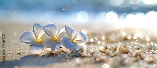 Two exquisite white plumeria flowers are elegantly displayed atop the soft sandy beach. The delicate petals contrast beautifully against the beige grains, creating a simple yet striking scene. photo