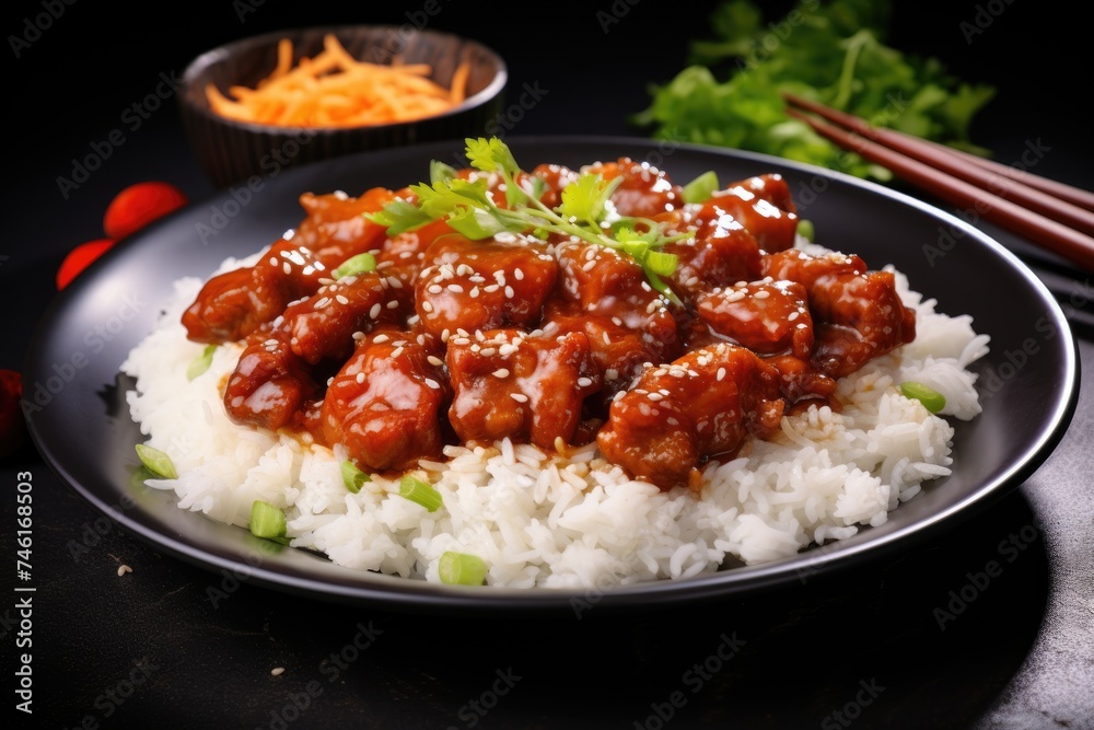 Chinese national dish Pork in sweet and sour sauce with rice