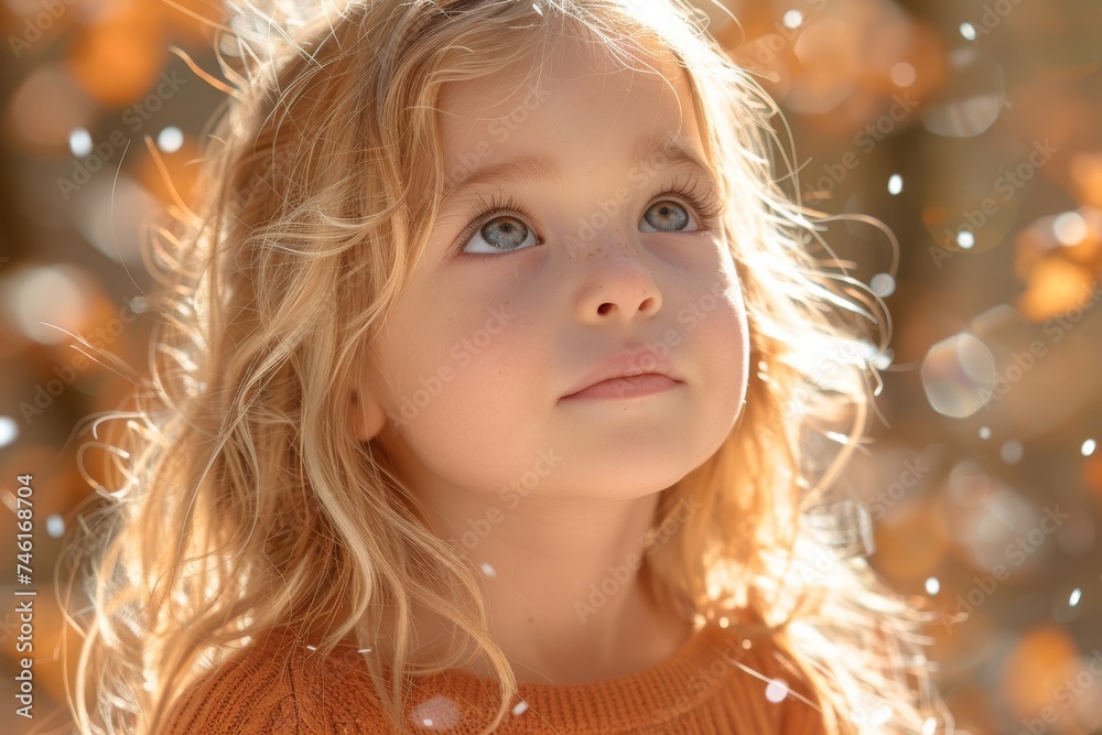 Young girl with curly blonde hair, gazing upwards in a dreamy state, surrounded by a bokeh of spring sunlight Young girl with curly blonde hair, gazing upwards in a dreamy state, surrounded by a bokeh of spring sunlight