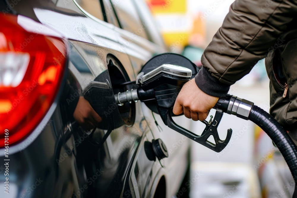 Obraz premium Refueling the car at a gas station fuel pump