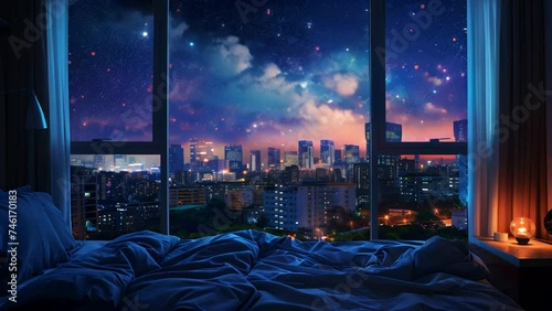 a bedroom window scene with beautiful night sky view from a window and a city landscape clouds and starry nights. 4K video