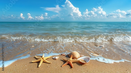 Sea coast with sand  ocean wave  shells and star fish on tropical island. beach with sandy seaside  blue transparent water surface. Paradise island  exotic tropical