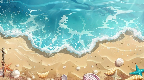 Sea coast with sand, ocean wave, shells and star fish on tropical island. beach with sandy seaside, blue transparent water surface. Paradise island, exotic tropical
