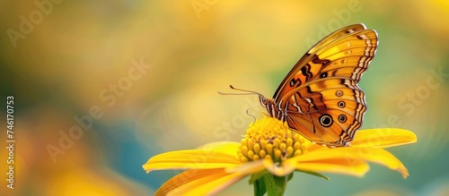 A copper butterfly perched delicately on a bright yellow flower, showcasing the beauty of natures vivid colors in this serene moment.