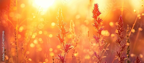 A close-up photo of a vibrant herb plant, with the sun setting in the warm autumn background, casting a golden glow on the leaves. © AkuAku